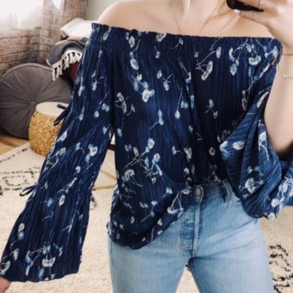 Lauren Conrad Blue Floral Off-the-shoulder Top-XXL